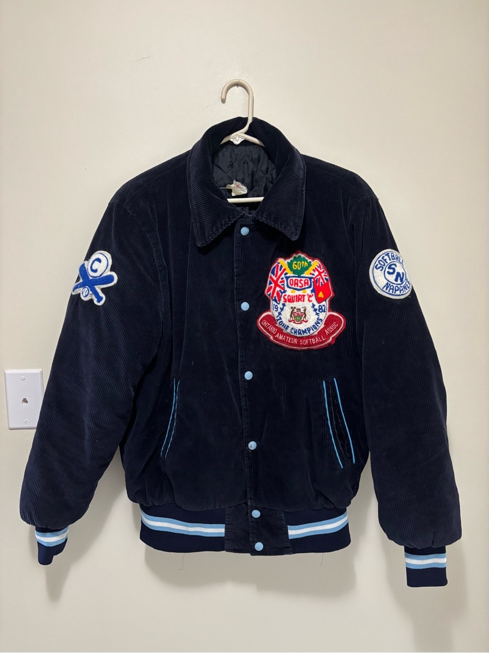 Vintage 1982 ORSA Napanee Softball Corduroy Varsity Bomber Jacket Sz 42